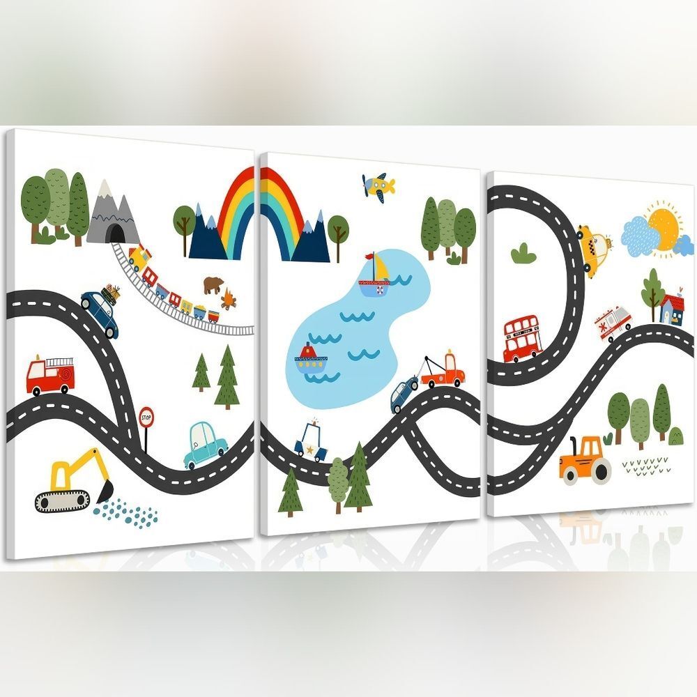 Set Of 3 Car Transport Wrapped Canvas Artwork Nursery Child Room